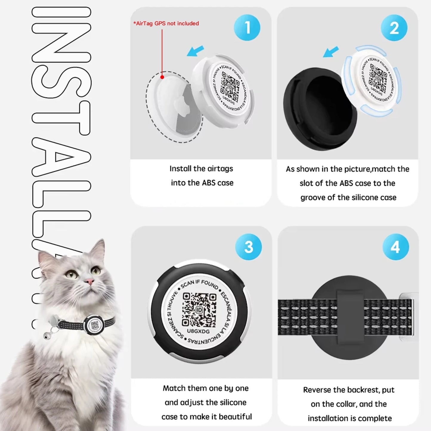 GPS Cat Collar with AirTag Holder & QR ID Tag