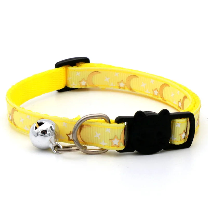 Gold Stars and Moon Cat Collar with Reflective Safety Buckle and Bell