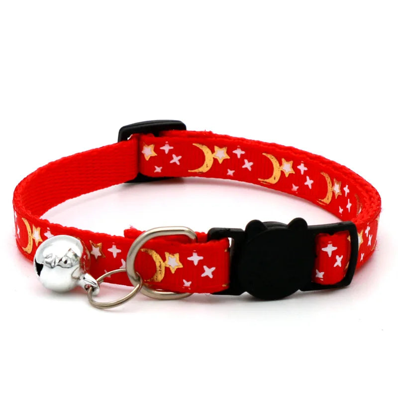 Gold Stars and Moon Cat Collar with Reflective Safety Buckle and Bell