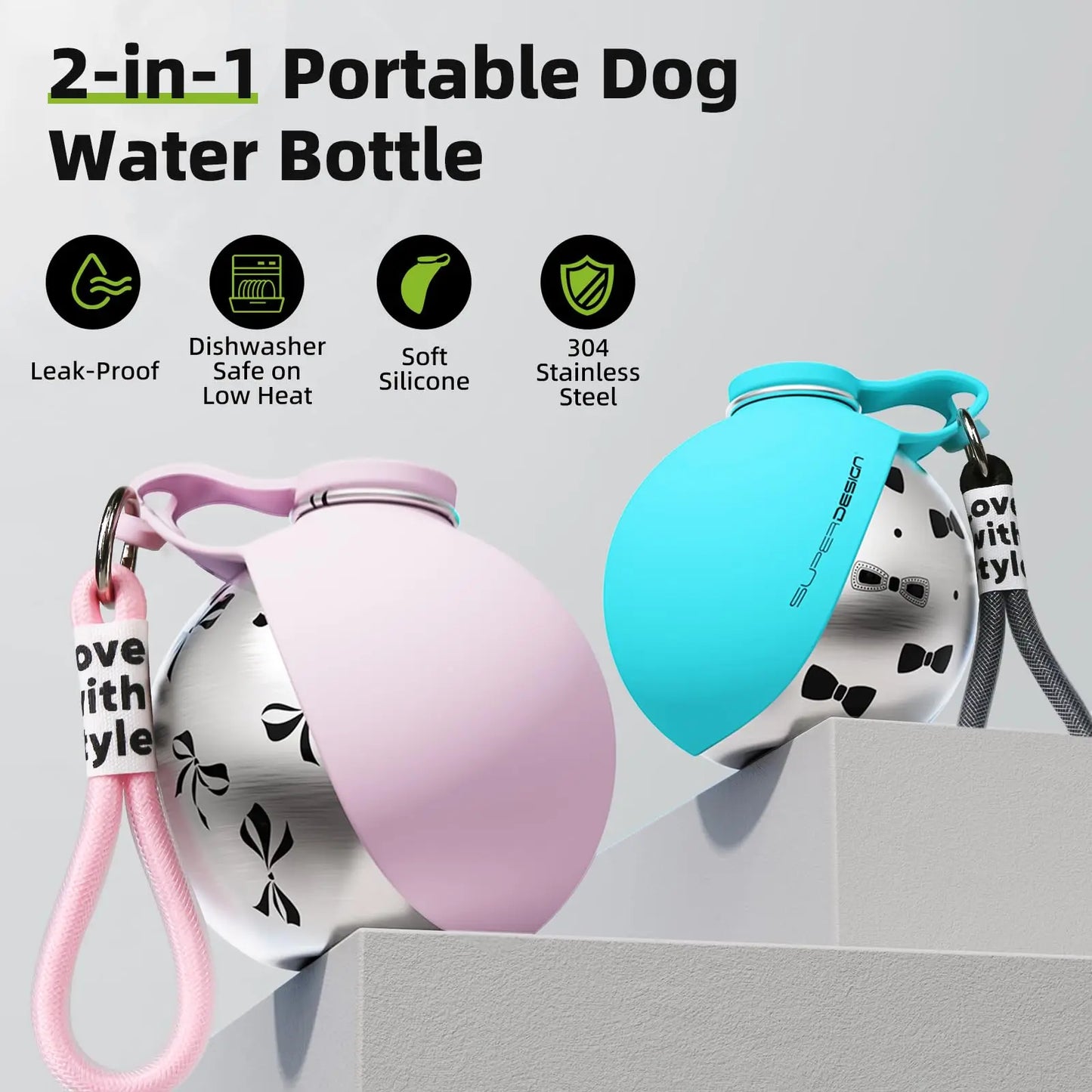 2-in-1 Portable Stainless Steel Dog Water Bottle