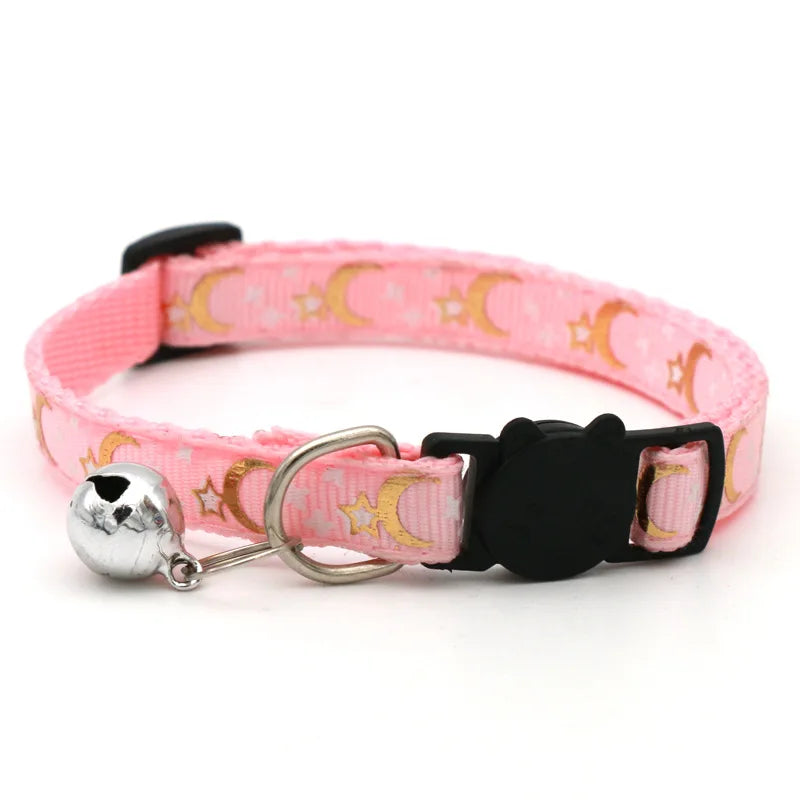 Gold Stars and Moon Cat Collar with Reflective Safety Buckle and Bell