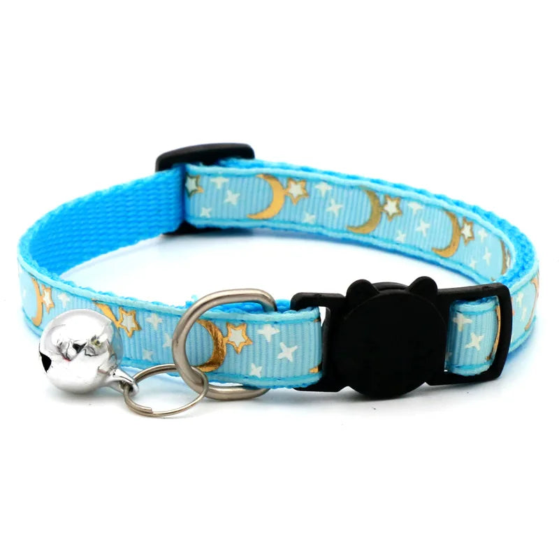 Gold Stars and Moon Cat Collar with Reflective Safety Buckle and Bell