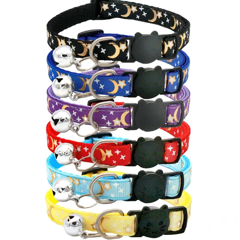 Gold Stars and Moon Cat Collar with Reflective Safety Buckle and Bell