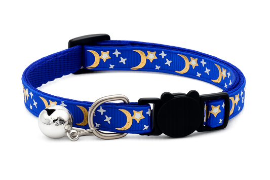 Gold Stars and Moon Cat Collar with Reflective Safety Buckle and Bell