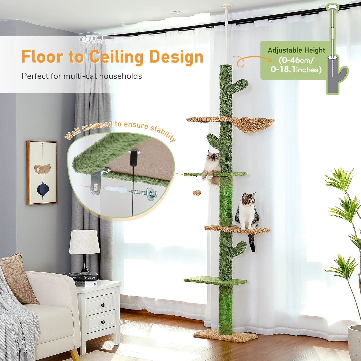 5-Tier Floor-to-Ceiling Cat Tree with Hammock