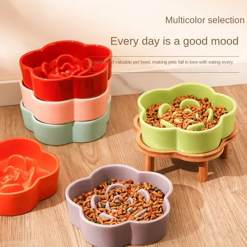 Ceramic Slow Feeder Bowl with Wooden Stand