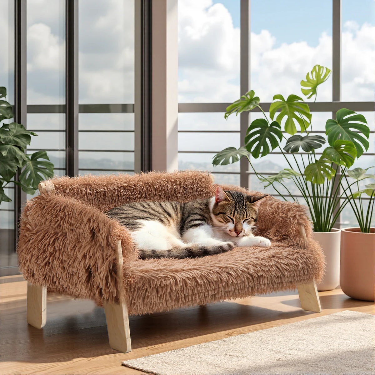 Raised Plush Cat Sofa Bed with Wooden Legs