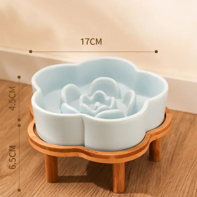 Ceramic Slow Feeder Bowl with Wooden Stand