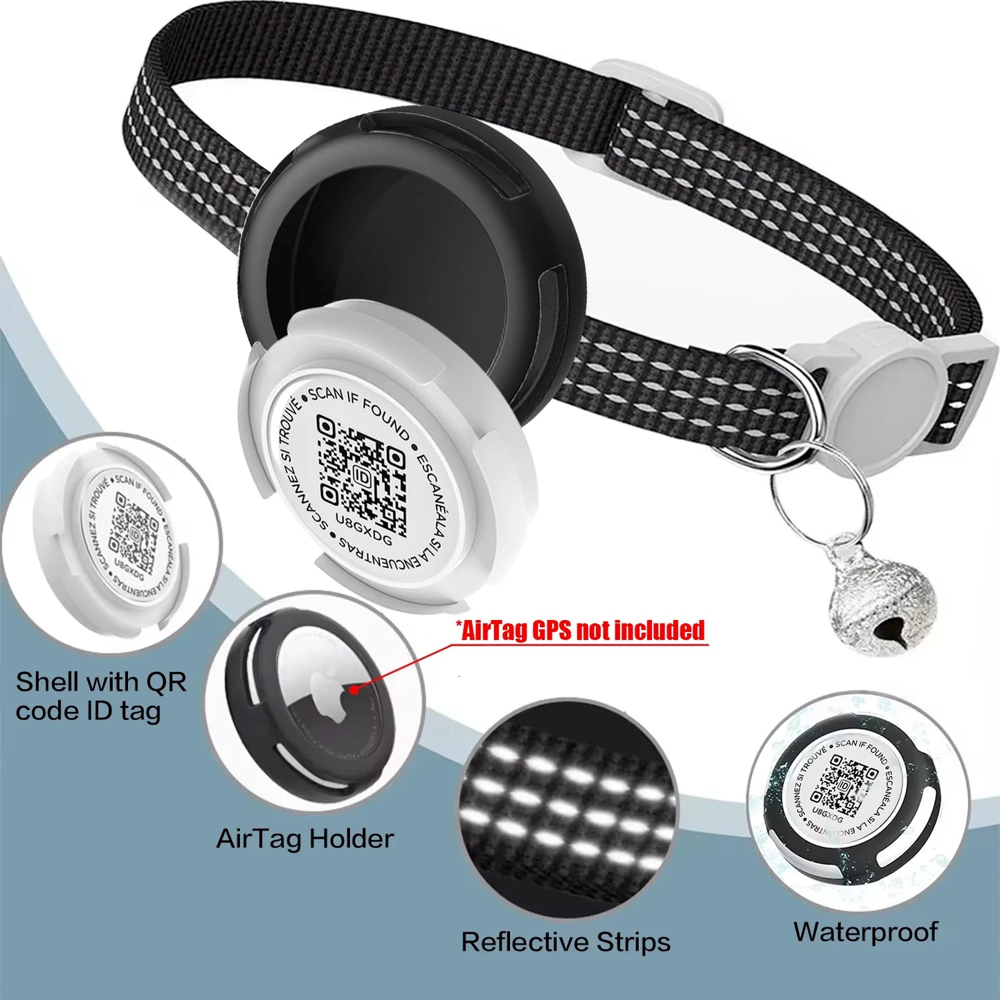 GPS Cat Collar with AirTag Holder & QR ID Tag