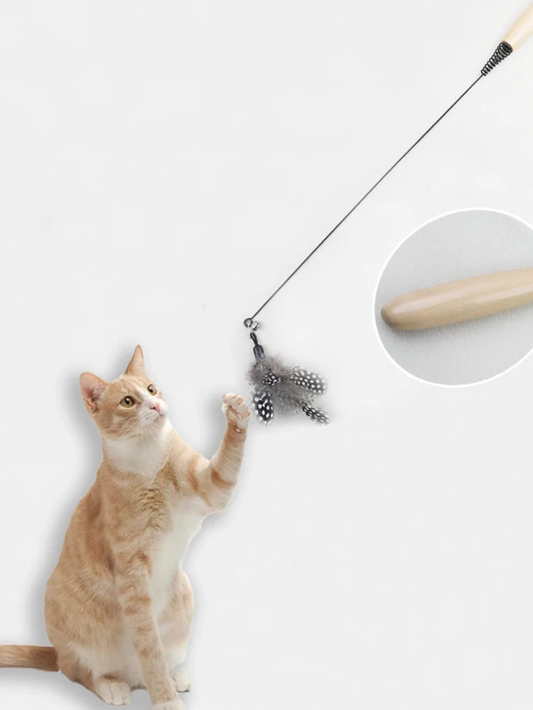 Feather Cat Teaser Wand with Wooden Handle