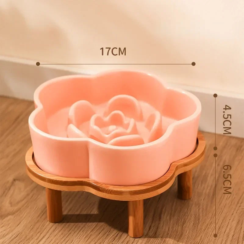 Ceramic Slow Feeder Bowl with Wooden Stand