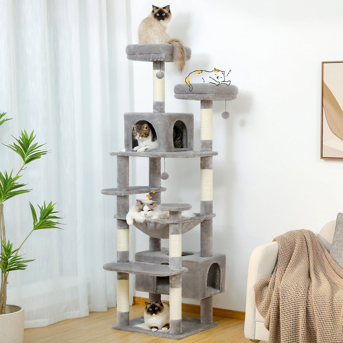 Large Cat Tree Tower with Hammock & Condos