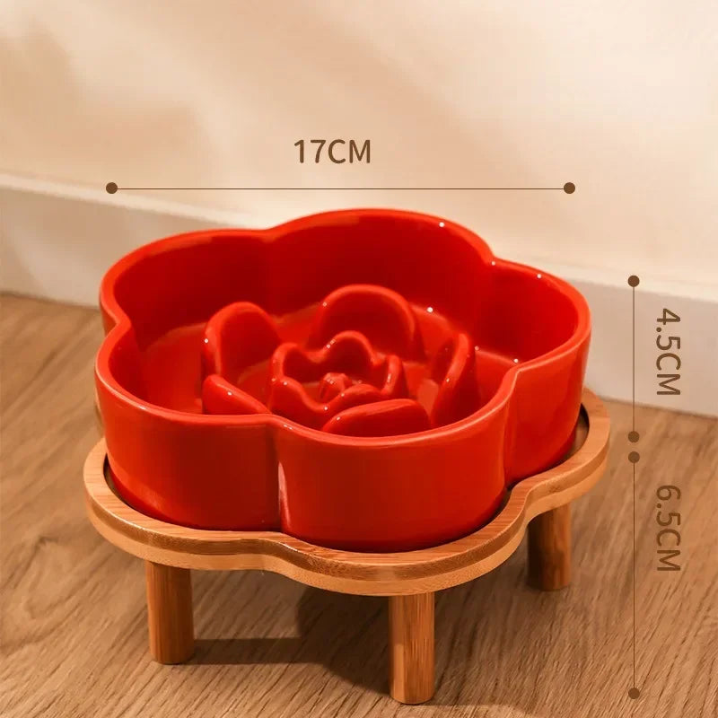 Ceramic Slow Feeder Bowl with Wooden Stand