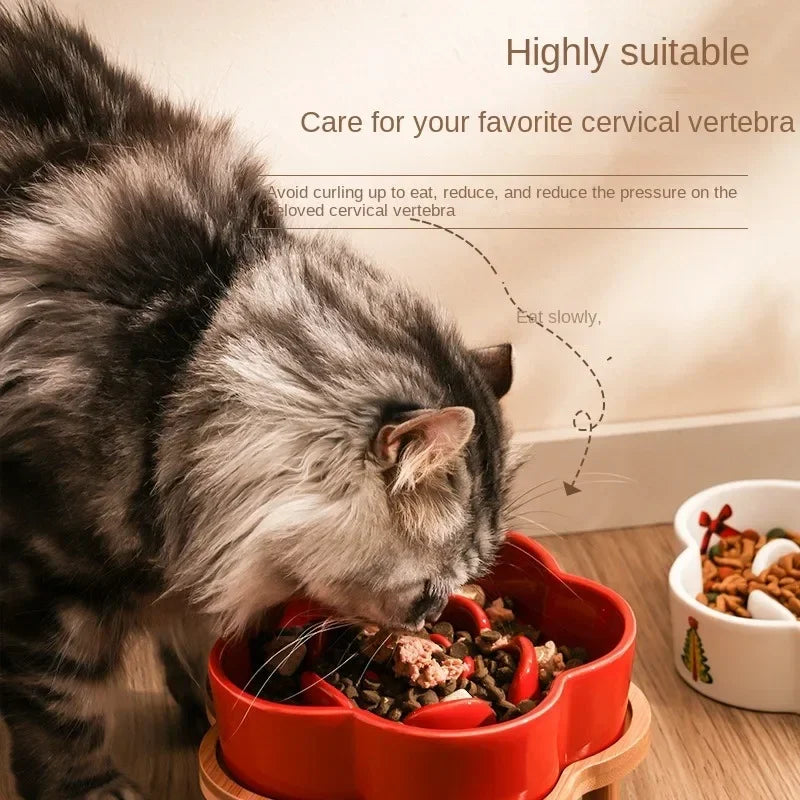 Ceramic Slow Feeder Bowl with Wooden Stand