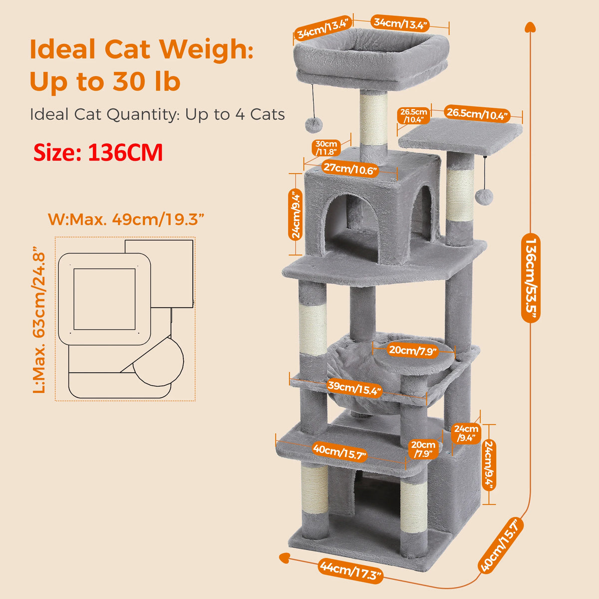 Large Cat Tree Tower with Hammock & Condos