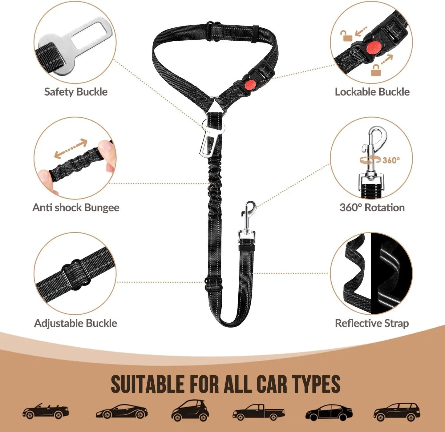 2-in-1 Adjustable Dog Car Seat Belt & Safety Leash