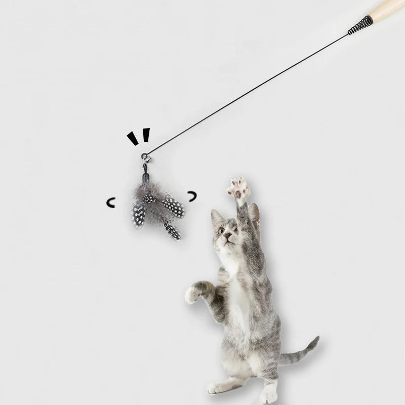 Feather Cat Teaser Wand with Wooden Handle