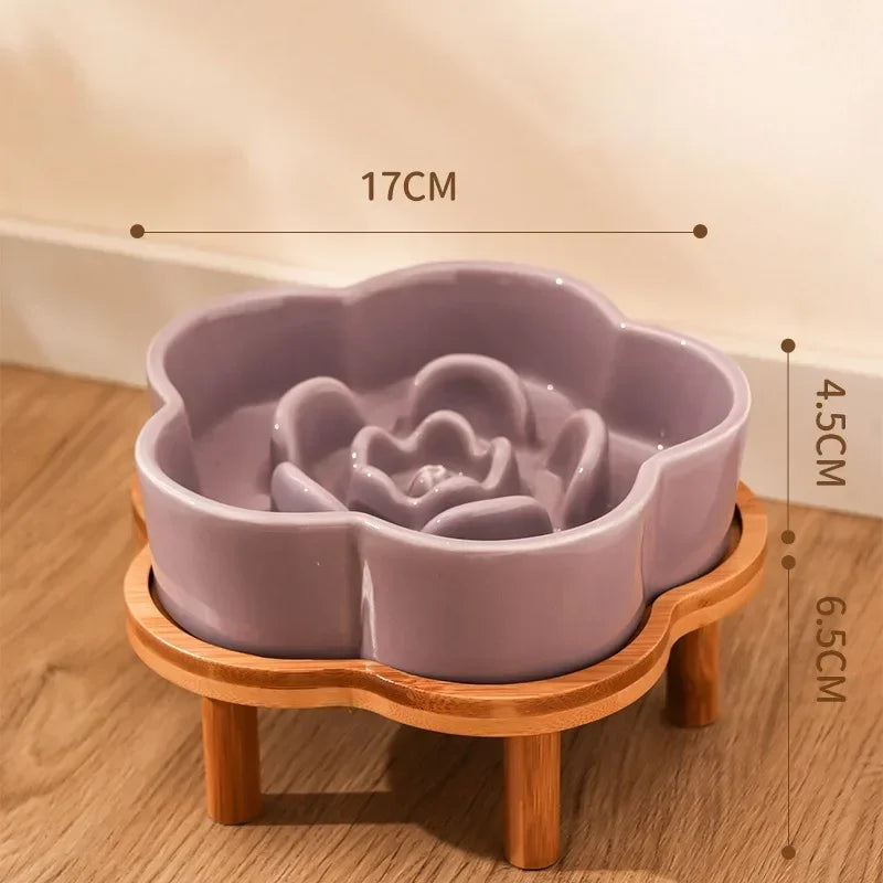 Ceramic Slow Feeder Bowl with Wooden Stand