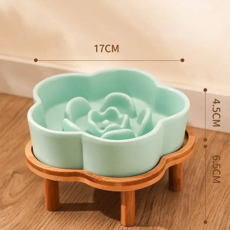 Ceramic Slow Feeder Bowl with Wooden Stand