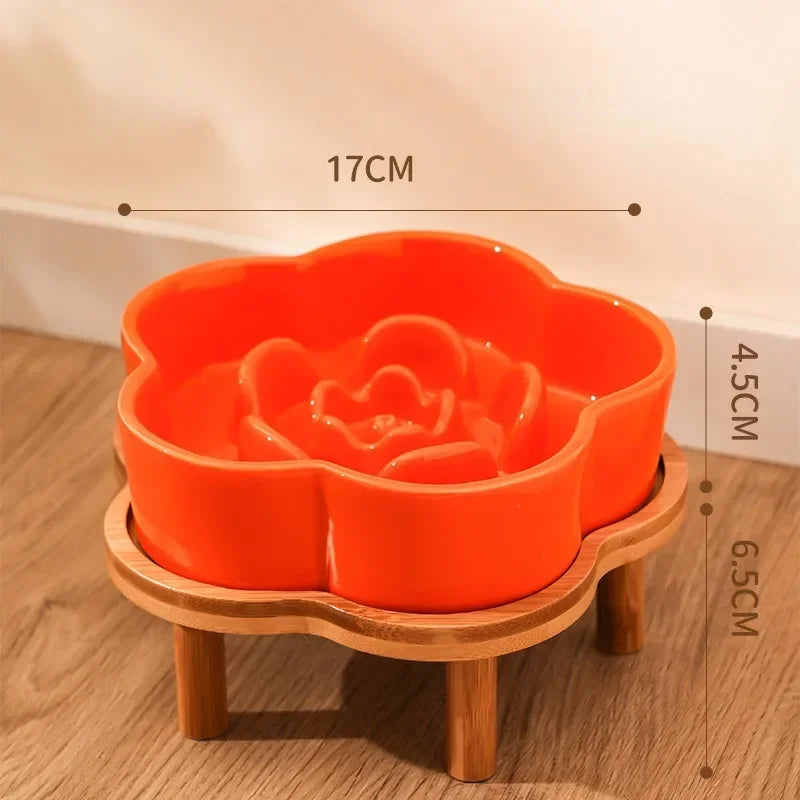 Ceramic Slow Feeder Bowl with Wooden Stand