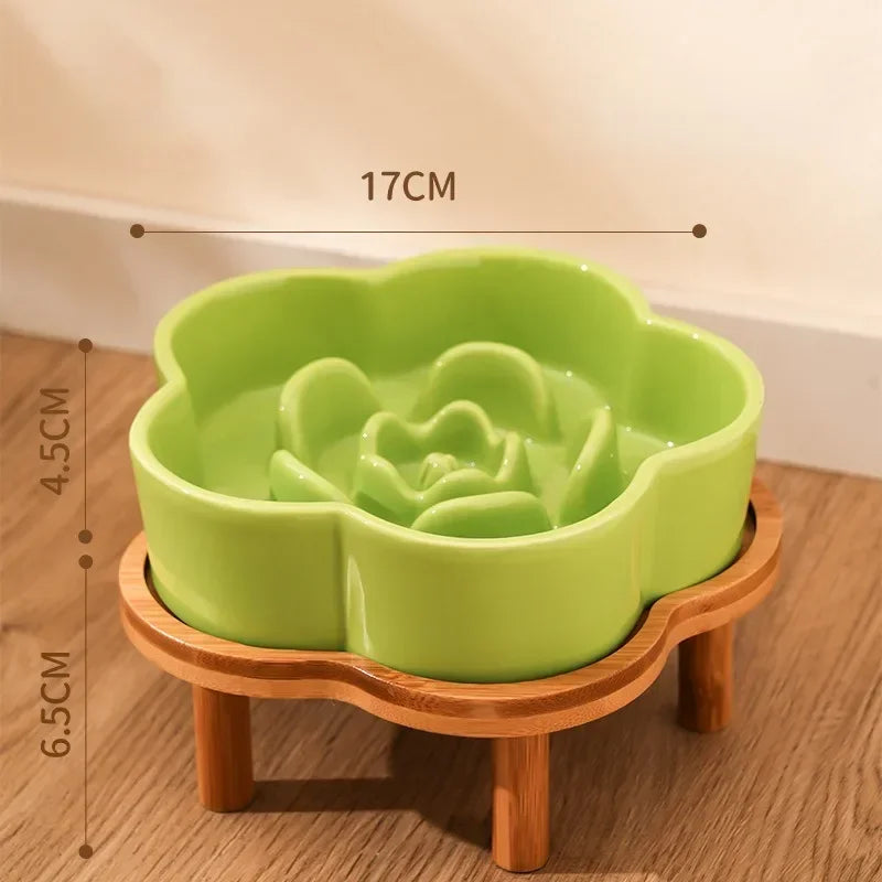 Ceramic Slow Feeder Bowl with Wooden Stand