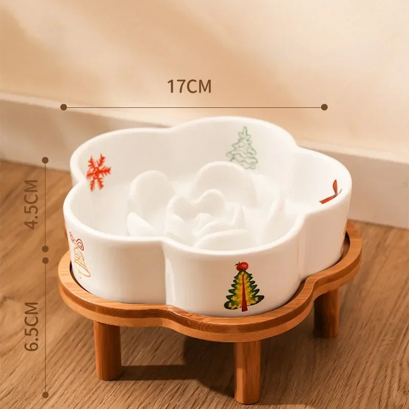 Ceramic Slow Feeder Bowl with Wooden Stand
