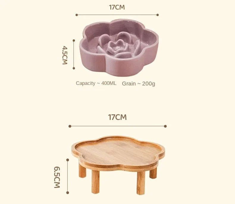 Ceramic Slow Feeder Bowl with Wooden Stand