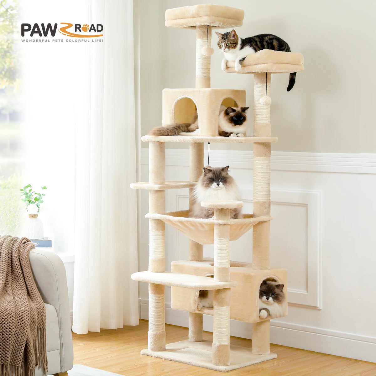 Large Cat Tree Tower with Hammock & Condos