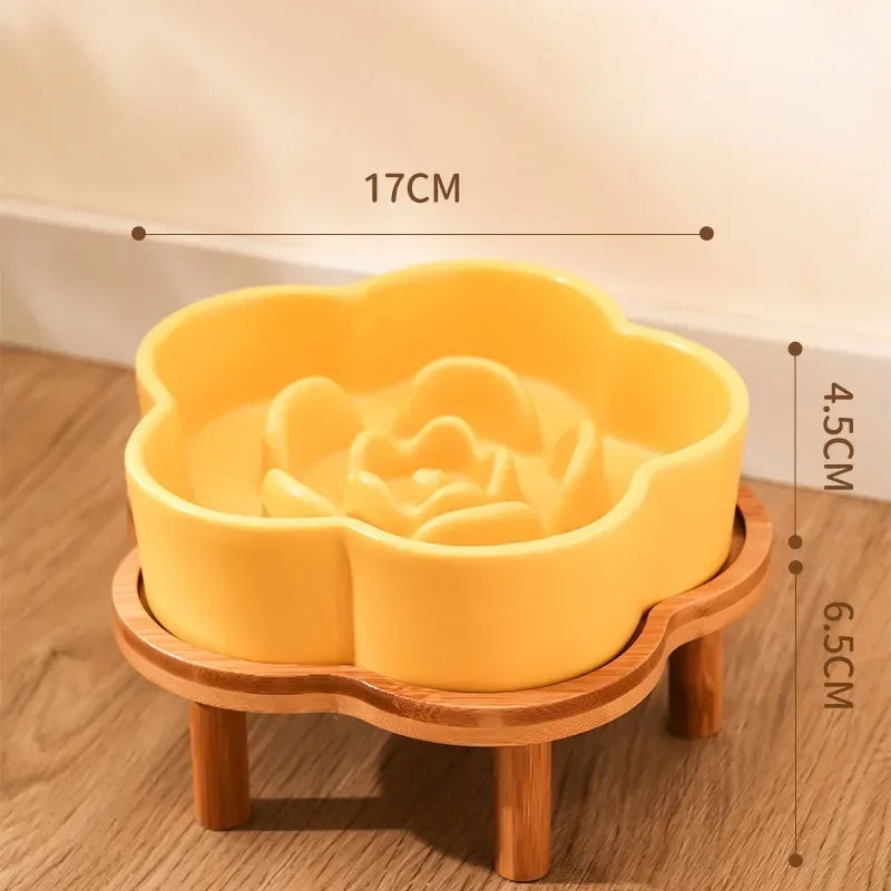 Ceramic Slow Feeder Bowl with Wooden Stand